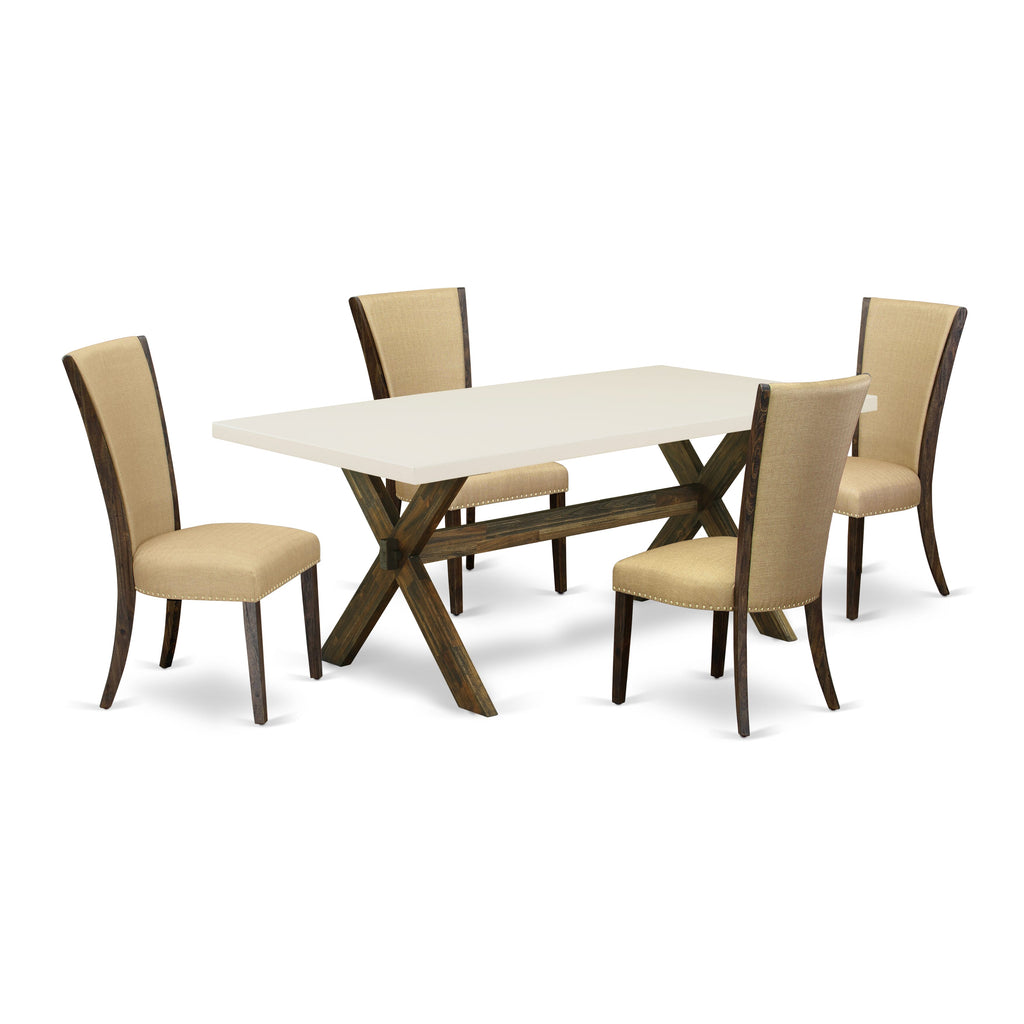 East West Furniture X727VE703-5 5 Piece Dinette Set for 4 Includes a Rectangle Dining Room Table with X-Legs and 4 Brown Linen Fabric Upholstered Parson Chairs