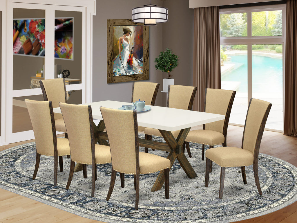 East West Furniture X727VE703-9 9 Piece Kitchen Table Set Includes a Rectangle Dining Table with X-Legs and 8 Brown Linen Fabric Parson Dining Room Chairs