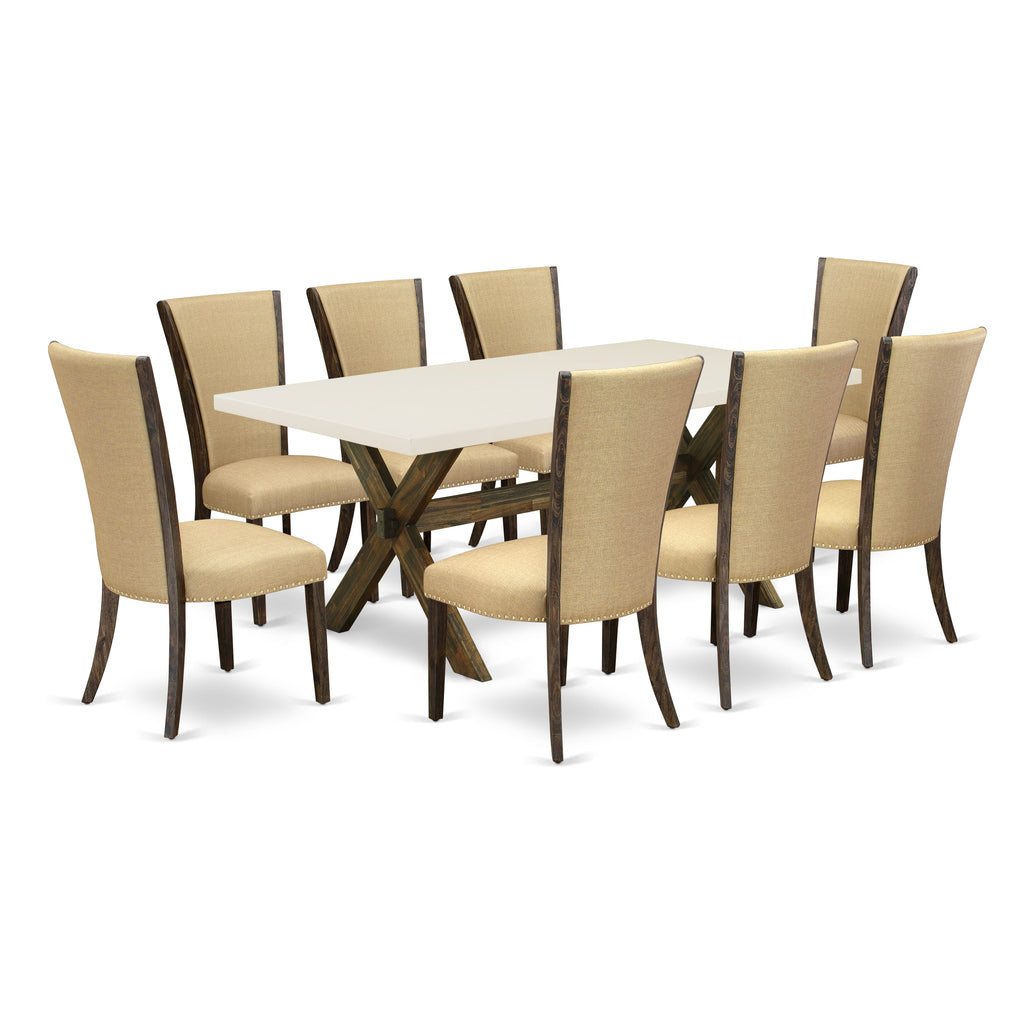 East West Furniture X727VE703-9 9 Piece Kitchen Table Set Includes a Rectangle Dining Table with X-Legs and 8 Brown Linen Fabric Parson Dining Room Chairs