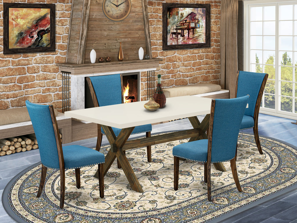 East West Furniture X727VE721-5 5 Piece Modern Dining Table Set Includes a Rectangle Wooden Table with X-Legs and 4 Blue Color Linen Fabric Upholstered Chairs