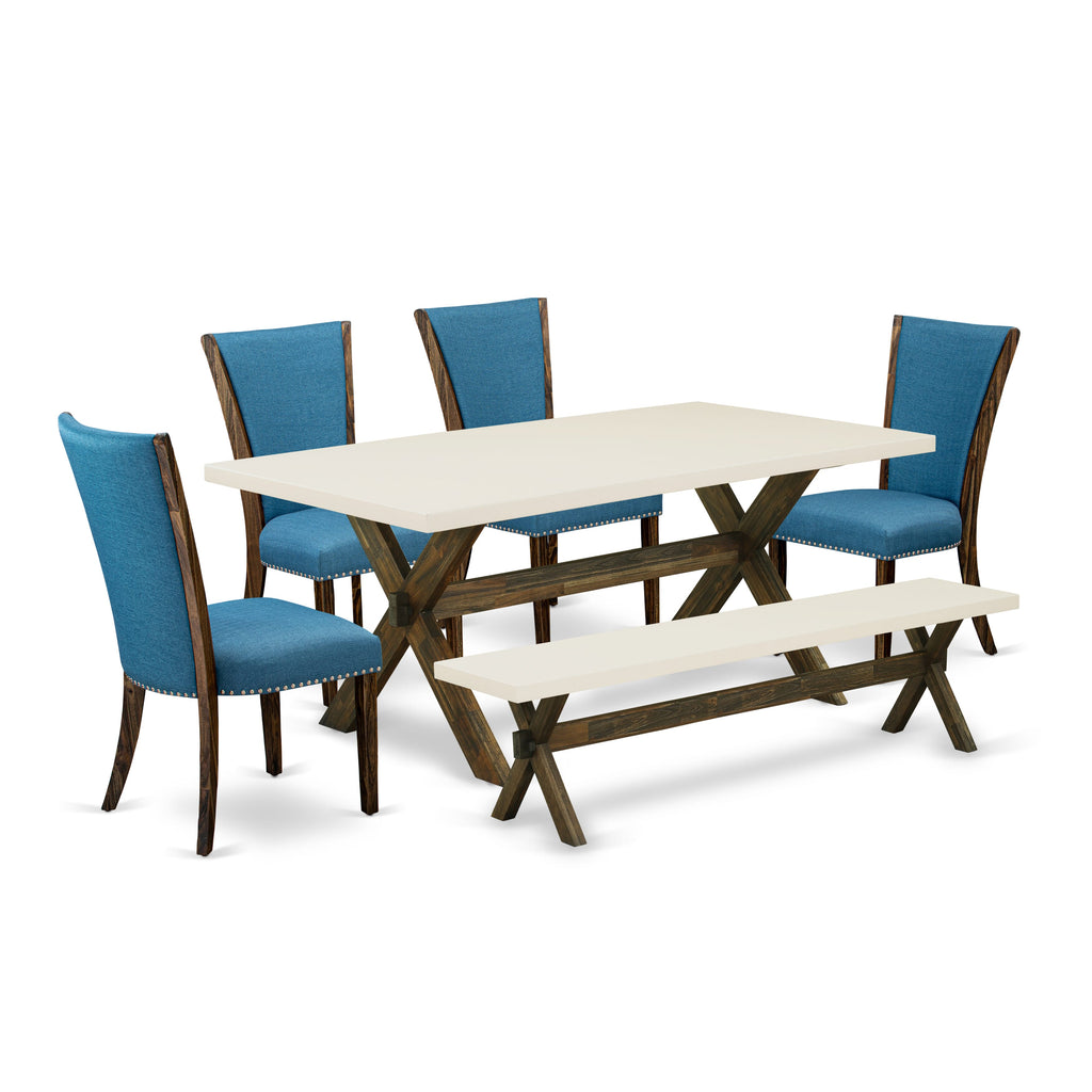 East West Furniture X727VE721-6 6 Piece Dining Table Set Contains a Rectangle Dining Room Table with X-Legs and 4 Blue Color Linen Fabric Parson Chairs with a Bench