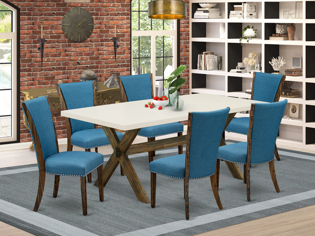 East West Furniture X727VE721-7 7 Piece Dining Room Table Set Consist of a Rectangle Dining Table with X-Legs and 6 Blue Color Linen Fabric Upholstered Chairs