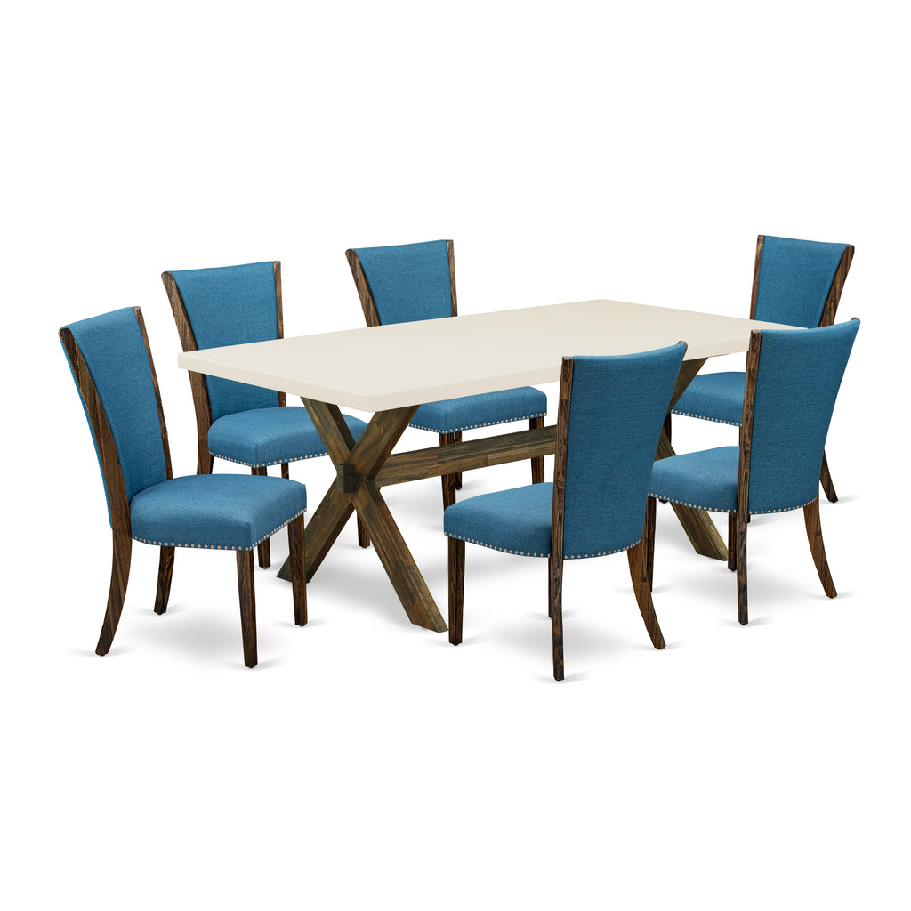 East West Furniture X727VE721-7 7 Piece Dining Room Table Set Consist of a Rectangle Dining Table with X-Legs and 6 Blue Color Linen Fabric Upholstered Chairs