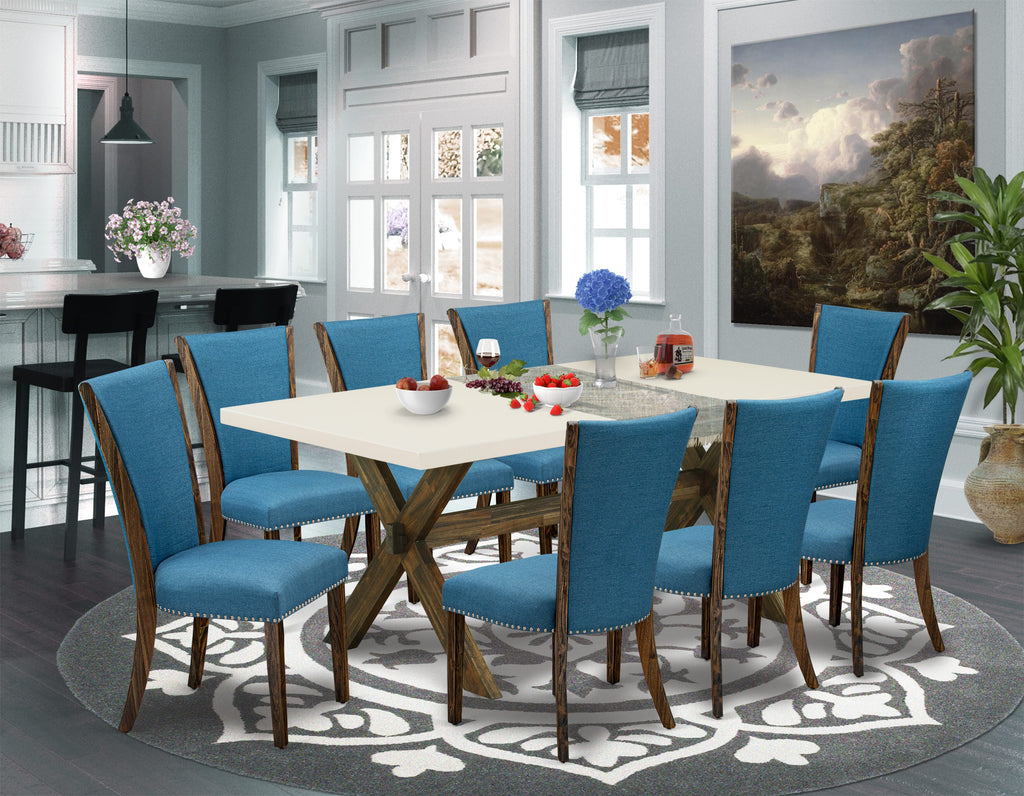 East West Furniture X727VE721-9 9 Piece Kitchen Table Set Includes a Rectangle Dining Table with X-Legs and 8 Blue Color Linen Fabric Parson Dining Chairs