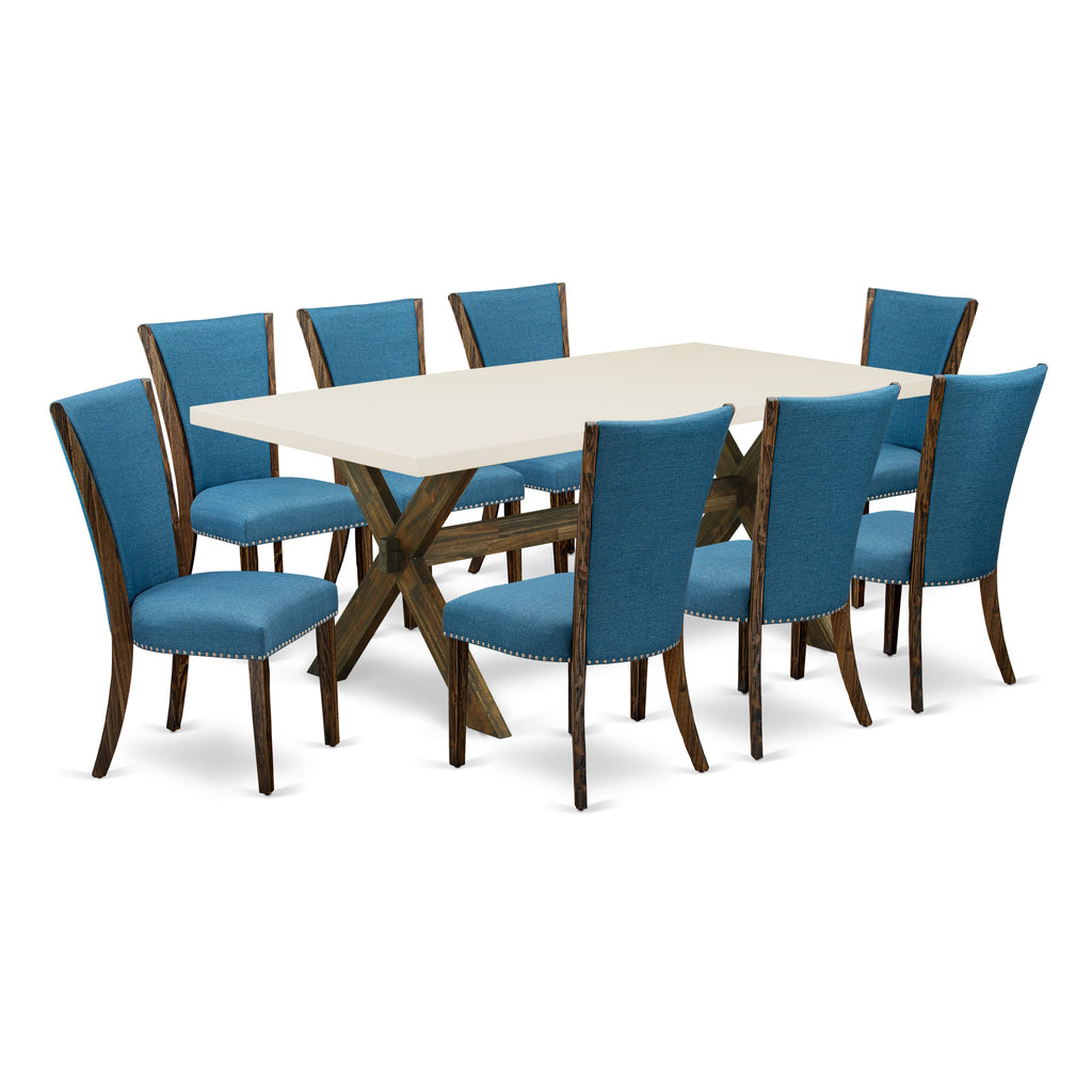 East West Furniture X727VE721-9 9 Piece Kitchen Table Set Includes a Rectangle Dining Table with X-Legs and 8 Blue Color Linen Fabric Parson Dining Chairs