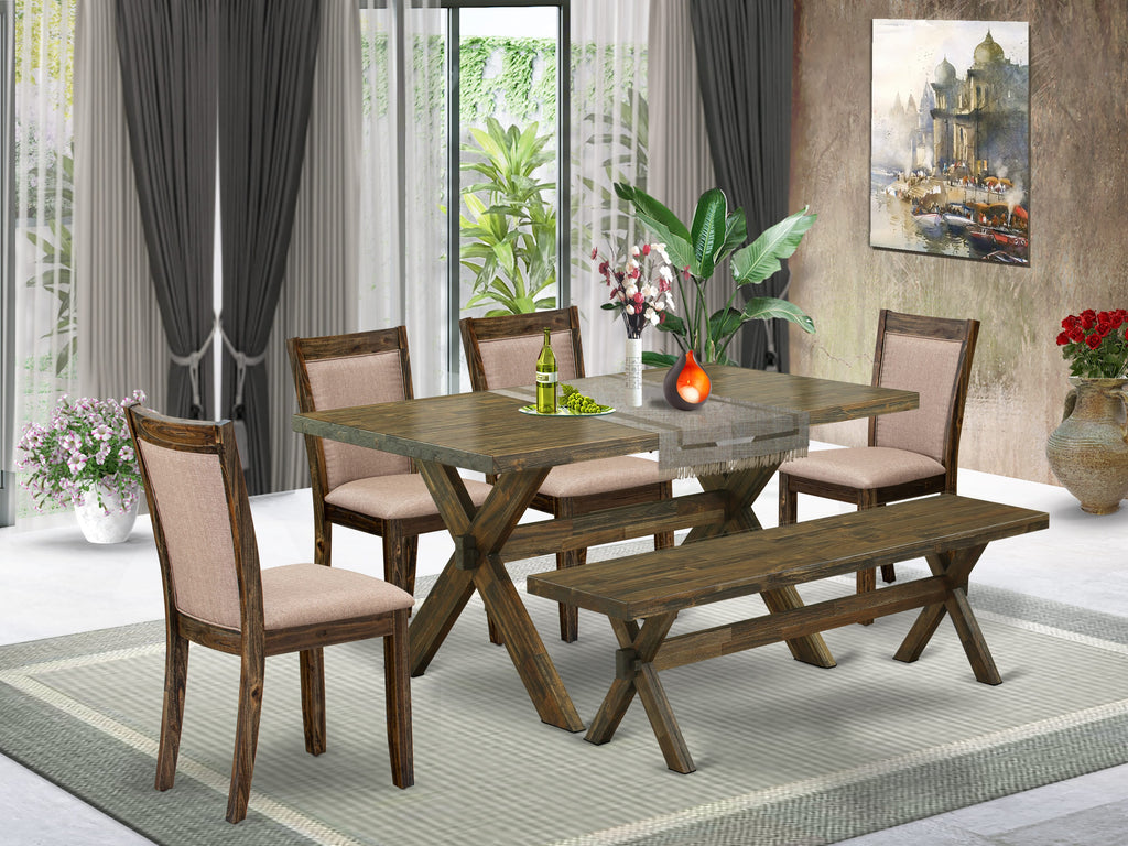 East West Furniture X776MZ716-6 6 Piece Dining Table Set- A Distressed Jacobean Top Wooden Table in Trestle Base with Bench and 4 Dark Khaki Linen Fabric Dining Chairs - Distressed Jacobean Finish