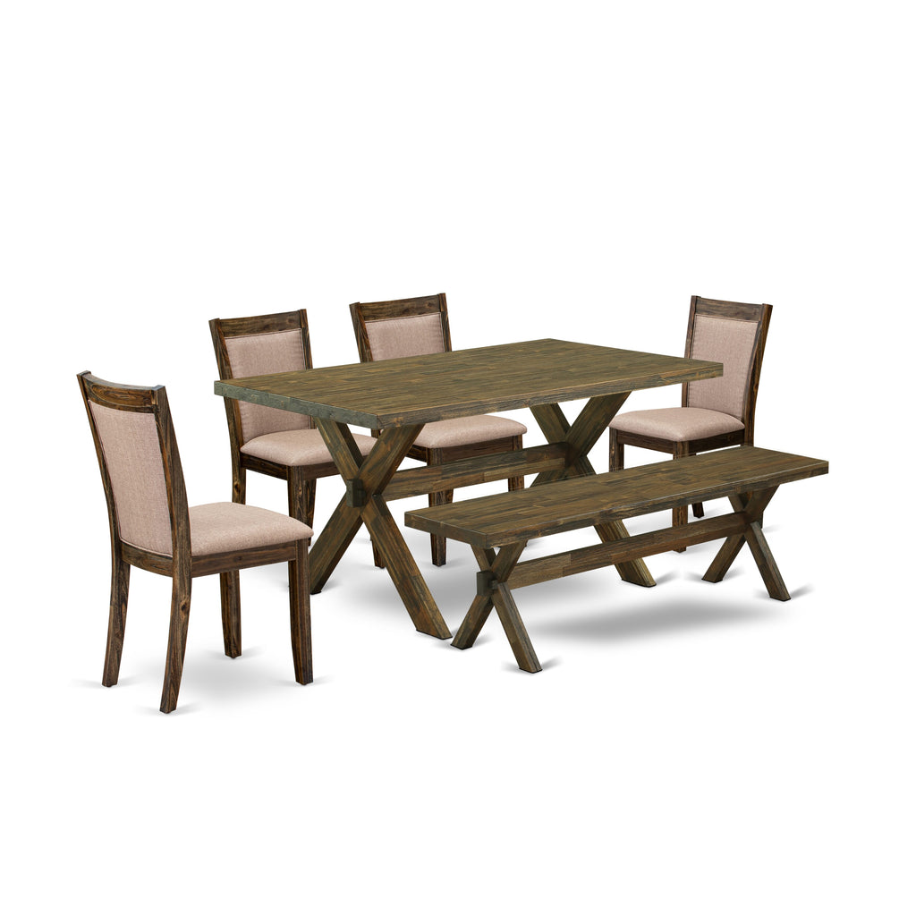 East West Furniture X776MZ716-6 6 Piece Dining Table Set- A Distressed Jacobean Top Wooden Table in Trestle Base with Bench and 4 Dark Khaki Linen Fabric Dining Chairs - Distressed Jacobean Finish