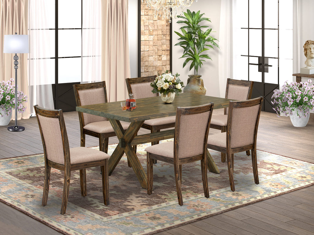 East West Furniture X776MZ716-7 7 Piece Modern Dining Room Set - A Distressed Jacobean Top Wooden Table with Trestle Base and 6 Dark Khaki Linen Fabric Parson Chairs - Distressed Jacobean Finish
