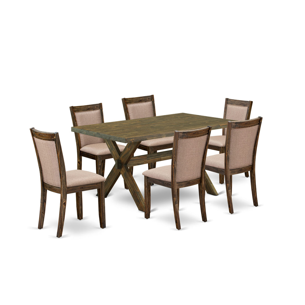 East West Furniture X776MZ716-7 7 Piece Modern Dining Room Set - A Distressed Jacobean Top Wooden Table with Trestle Base and 6 Dark Khaki Linen Fabric Parson Chairs - Distressed Jacobean Finish