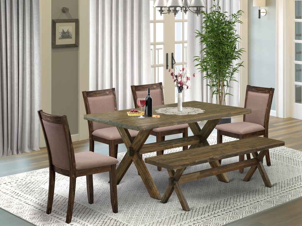 EAST WEST FURNITURE - X776MZ748-6 - 6-Pc Dining Set - 4 Dining Chairs, a Dining Bench and 1 Modern Dining Table (Distressed Jacobean Finish)