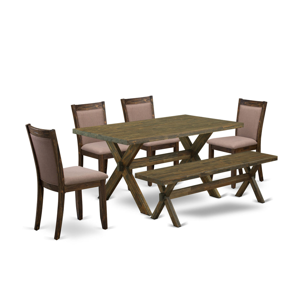 EAST WEST FURNITURE - X776MZ748-6 - 6-Pc Dining Set - 4 Dining Chairs, a Dining Bench and 1 Modern Dining Table (Distressed Jacobean Finish)