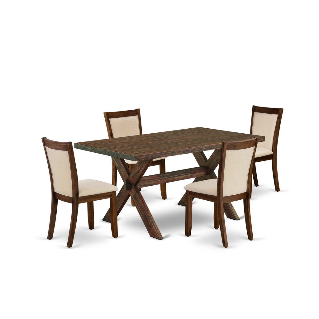 East West Furniture X776MZN32-5 5-Pc Dining Room Table Set Includes a Wooden Table and 4 Light Beige Linen Fabric Upholstered Chairs with Stylish Back - Distressed Jacobean Finish