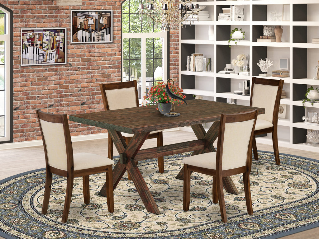 East West Furniture X776MZN32-5 5-Pc Dining Room Table Set Includes a Wooden Table and 4 Light Beige Linen Fabric Upholstered Chairs with Stylish Back - Distressed Jacobean Finish
