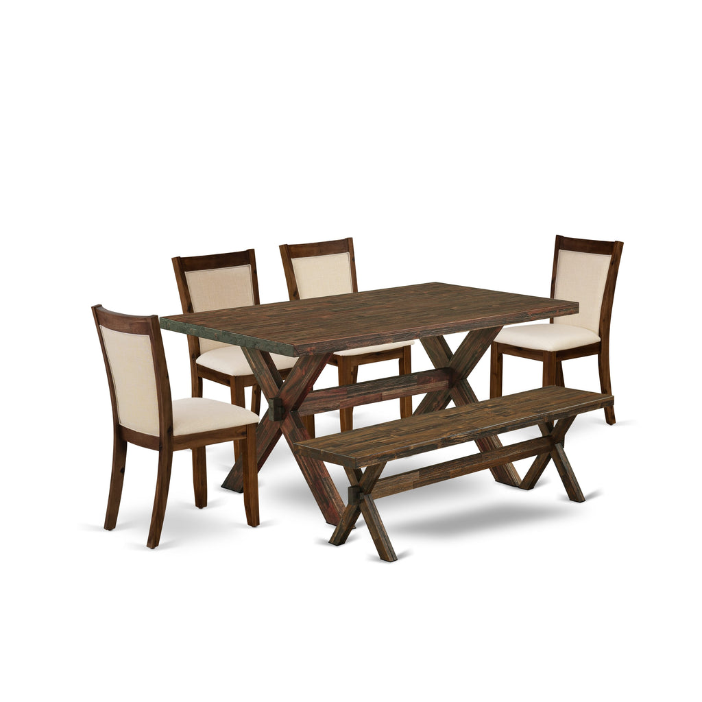 East West Furniture X776MZN32-6 6-Piece Dining Room Set Consists of a Rectangular Table and a Wooden Bench with 4 Light Beige Linen Fabric Dinner Chairs with Stylish Back - Distressed Jacobean Finish