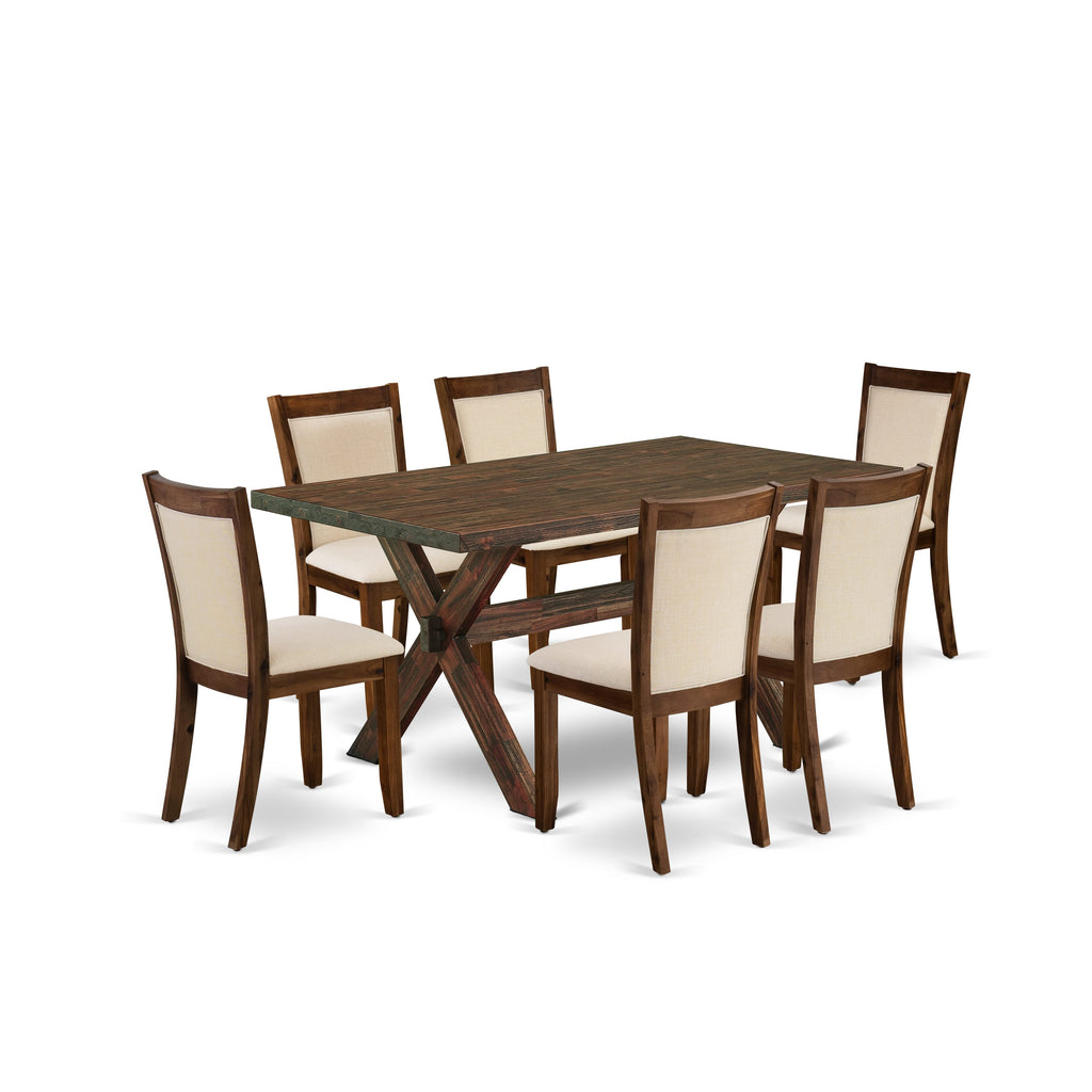 East West Furniture X776MZN32-7 7-Pc Kitchen Table Set Contains a Mid Century Table and 6 Light Beige Linen Fabric Parsons Chairs with Stylish Back - Distressed Jacobean Finish