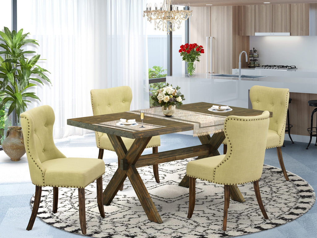 East West Furniture X776SI737-5 5-Pc Dining Room Set- 4 Parson Dining Chairs with Limelight Linen Fabric Seat and Button Tufted Chair Back - Rectangular Table (Distressed Jacobean Finish)