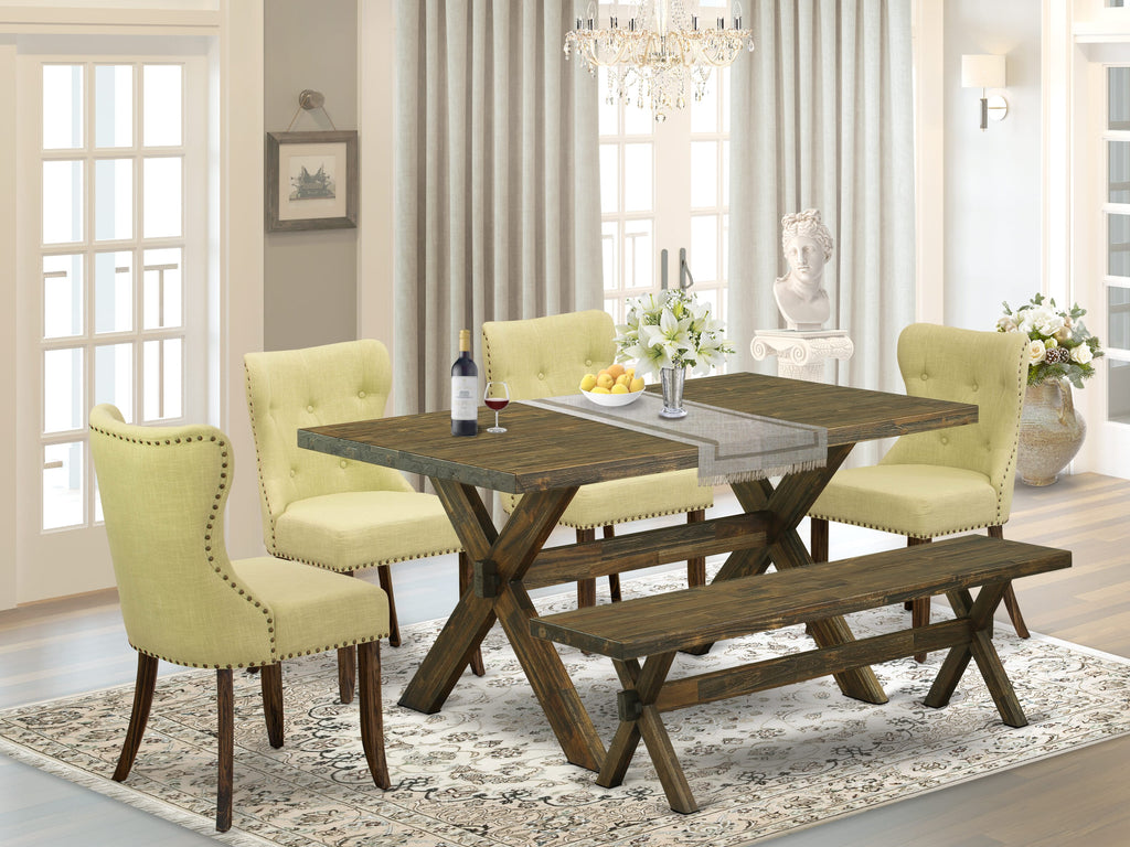 East West Furniture X776SI737-6 6-Piece Dinette Set- 4 Mineral Blue Linen Fabric Parson Chairs with Button Tufted Back - A Dining Table and 1 Dining Bench (Distressed Jacobean Finish)