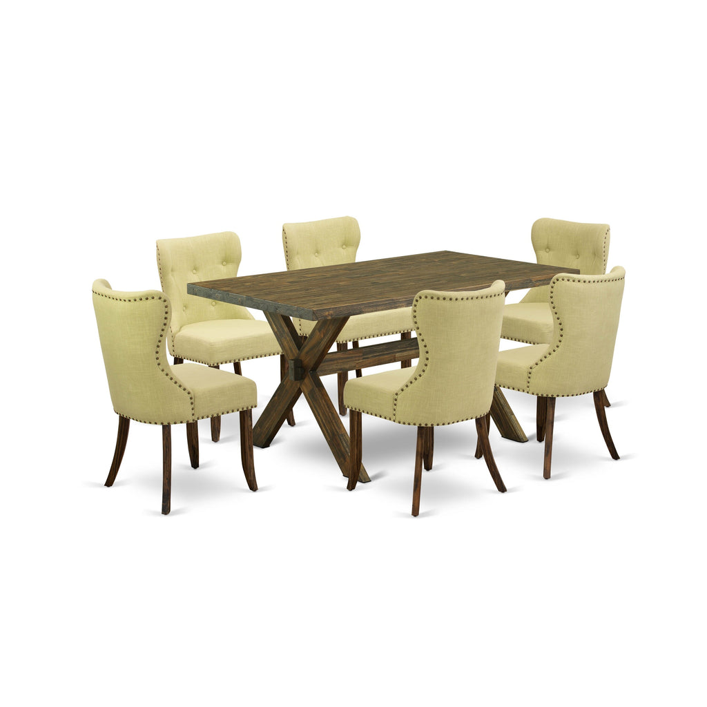 East West Furniture X776SI737-7 7-Pc Dinette Room Set- 6 Mid Century Dining Chairs with Limelight Linen Fabric Seat and Button Tufted Chair Back - Rectangular Table top & Wooden Cross Legs (Distressed Jacobean Finish)
