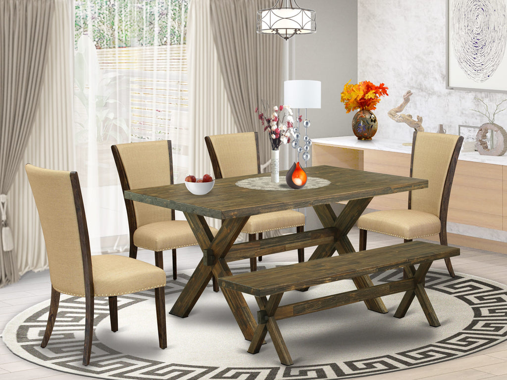 East West Furniture X776VE703-6 6 Piece Dining Table Set - 4 Brown Linen Fabric Kitchen Chairs with Nailheads and Distressed Jacobean Wooden Table - 1 Mid Century Bench - Distressed Jacobean Finish