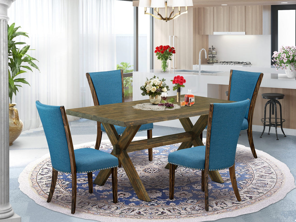 East West Furniture X776VE721-5 5 Piece Dining Table Set for 4 Includes a Rectangle Kitchen Table with X-Legs and 4 Blue Color Linen Fabric Parsons Dining Chairs