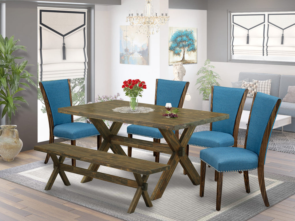 East West Furniture X776VE721-6 6 Piece Dining Room Set - 4 Blue Linen Fabric Dining Chairs with Nailheads and Distressed Jacobean Wooden Table - 1 Modern Bench - Distressed Jacobean Finish