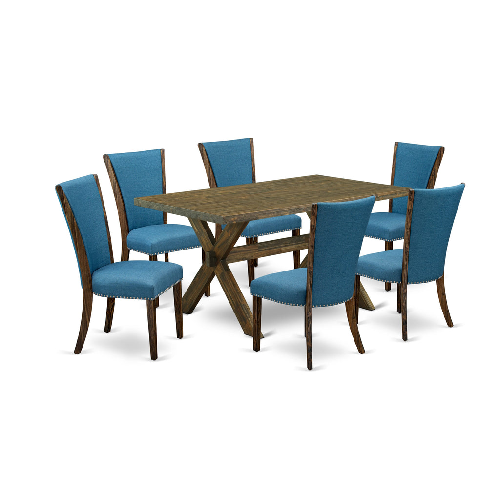 East West Furniture X776VE721-7 7 Piece Kitchen Table Set Consist of a Rectangle Dining Table with X-Legs and 6 Blue Color Linen Fabric Parson Dining Chairs