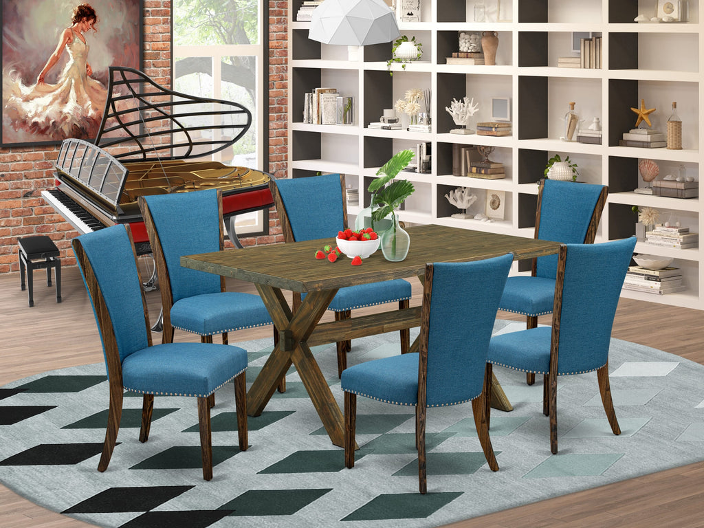East West Furniture X776VE721-7 7 Piece Kitchen Table Set Consist of a Rectangle Dining Table with X-Legs and 6 Blue Color Linen Fabric Parson Dining Chairs