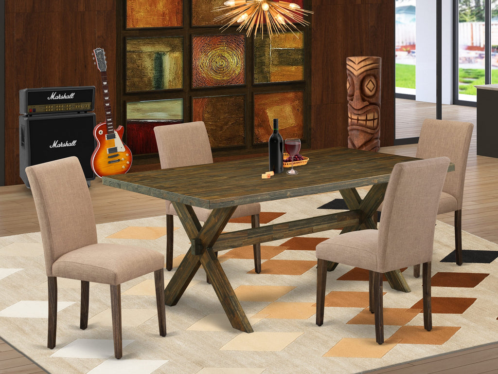 East West Furniture X777AB747-5 5 Piece Dining Table Set for 4 Includes a Rectangle Kitchen Table with X-Legs and 4 Light Sable Linen Fabric Parsons Dining Chairs