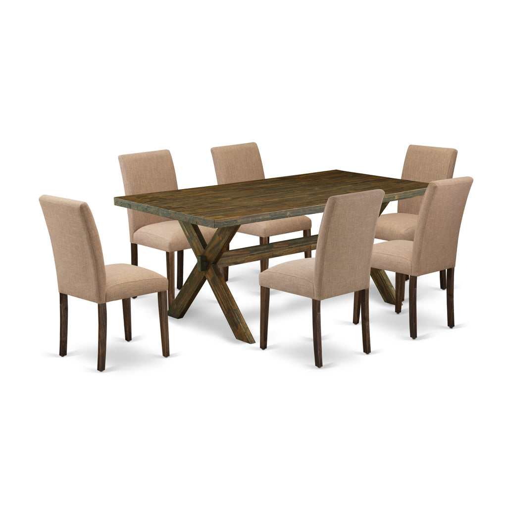 East West Furniture X777AB747-7 7 Piece Dining Room Furniture Set Consist of a Rectangle Dining Table with X-Legs and 6 Light Sable Linen Fabric Parsons Chairs
