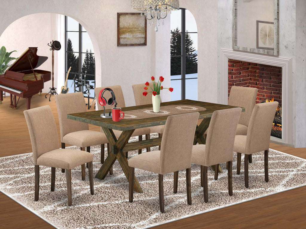 East West Furniture X777AB747-9 9 Piece Dining Room Furniture Set Includes a Rectangle Dining Table with X-Legs and 8 Light Sable Linen Fabric Upholstered Chairs