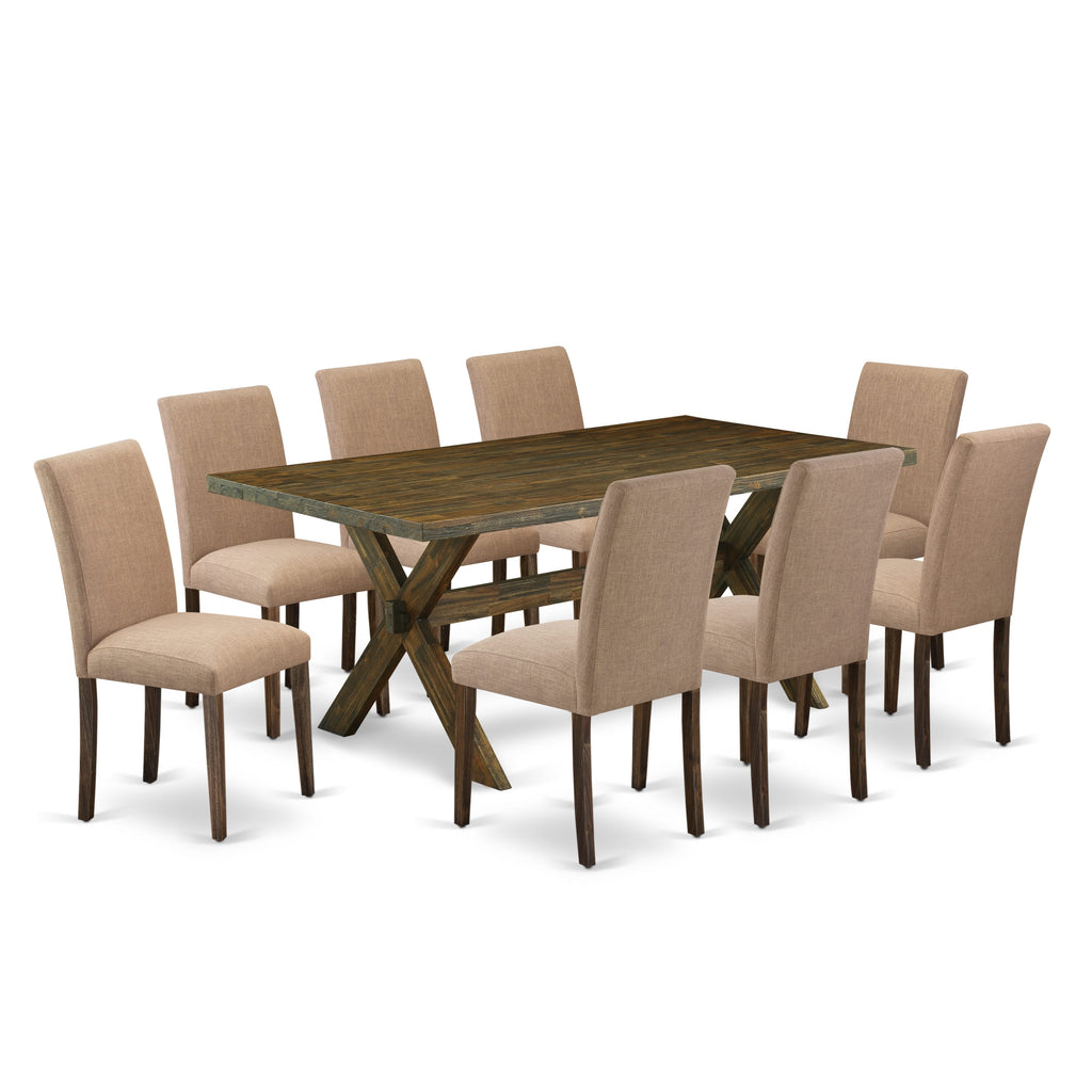East West Furniture X777AB747-9 9 Piece Dining Room Furniture Set Includes a Rectangle Dining Table with X-Legs and 8 Light Sable Linen Fabric Upholstered Chairs