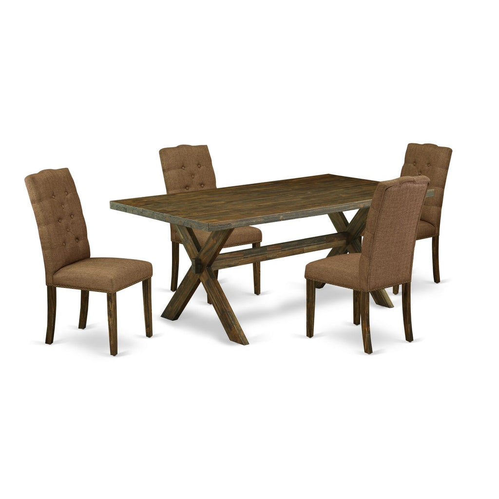 East West Furniture X777EL718-5 5-Piece Dining room SetIncluded 4 kitchen chairs Upholstered Seat and High Button Tufted Chair Back and Rectangular dining table with Distressed Jacobean Mid Century Dining Table top (Distressed Jacobean Finish)