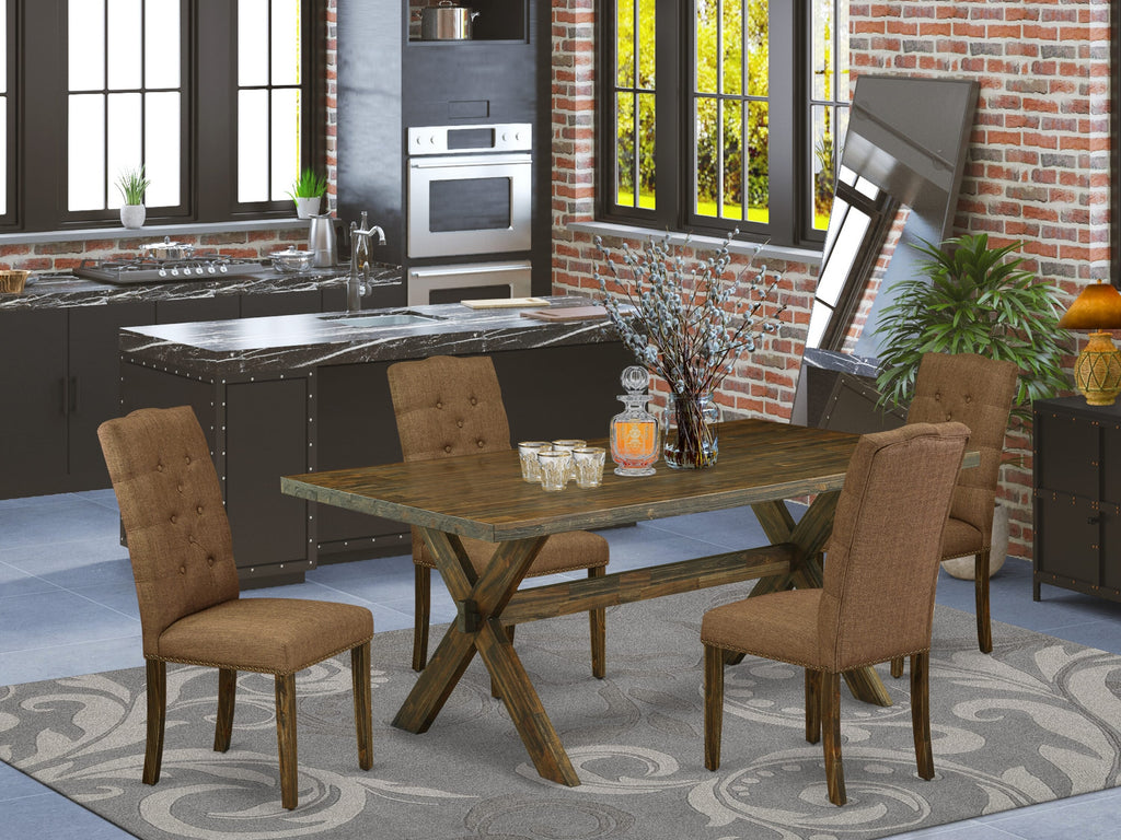 East West Furniture X777EL718-5 5-Piece Dining room SetIncluded 4 kitchen chairs Upholstered Seat and High Button Tufted Chair Back and Rectangular dining table with Distressed Jacobean Mid Century Dining Table top (Distressed Jacobean Finish)
