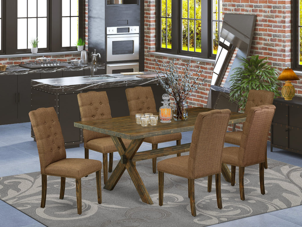 East West Furniture X777EL718-7 7-Piece Dining Table Set a Wonderful Distressed Jacobean Dining room Table top and 6 Gorgeous Padded Parson Chairs with Nail Heads and Button Tufted, Distressed Jacobean Finish