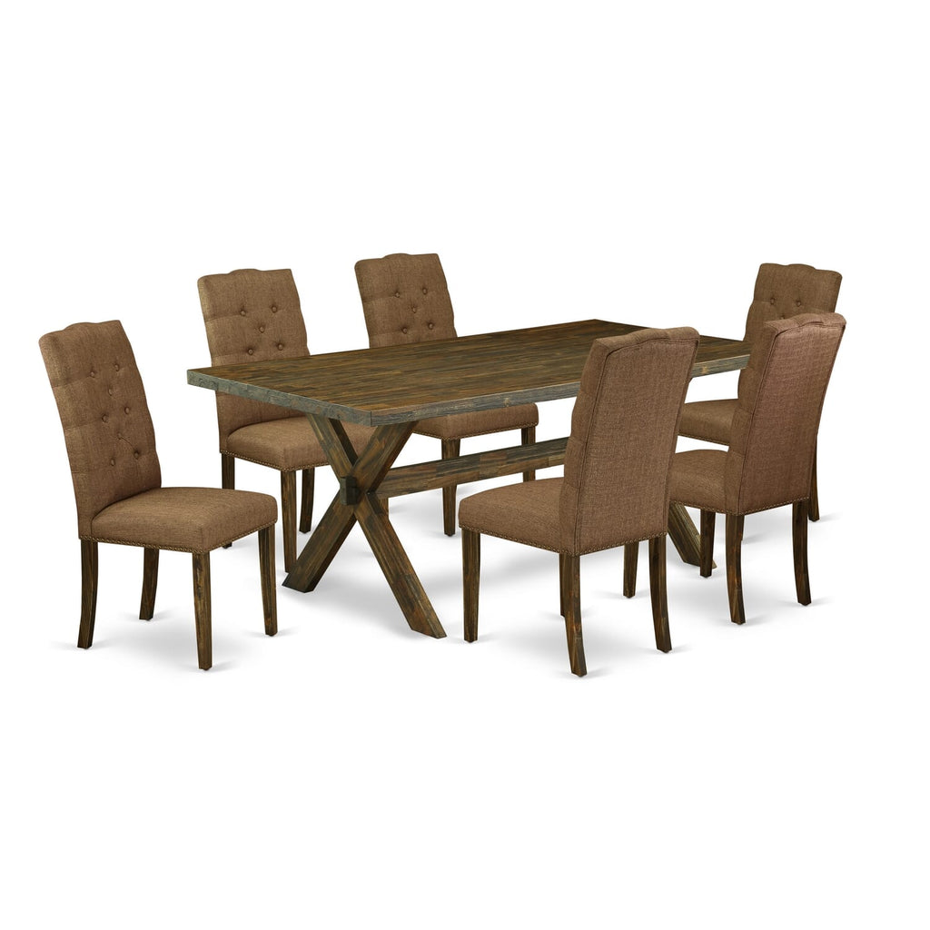 East West Furniture X777EL718-7 7-Piece Dining Table Set a Wonderful Distressed Jacobean Dining room Table top and 6 Gorgeous Padded Parson Chairs with Nail Heads and Button Tufted, Distressed Jacobean Finish