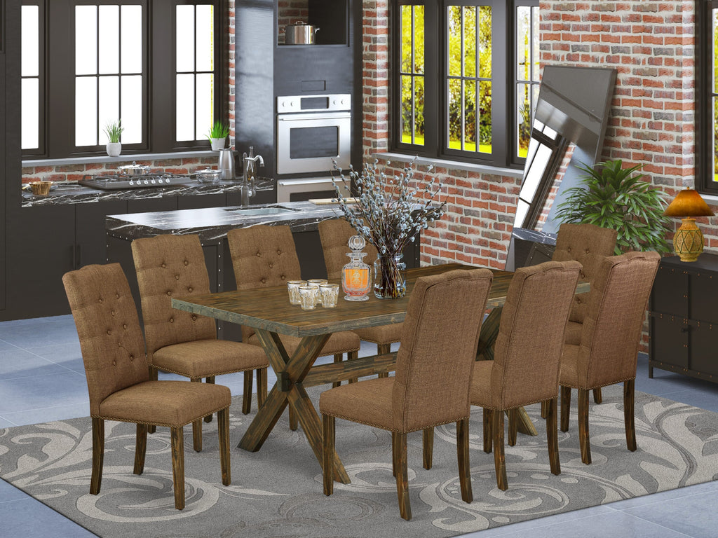 East West Furniture X777EL718-9 9-Pc Rectangular Dinette Set a beautiful Distressed Jacobean Small Table top and 8 Wonderful Upholstered Dining chairs with Nail Heads and Button Tufted, Distressed Jacobean Finish