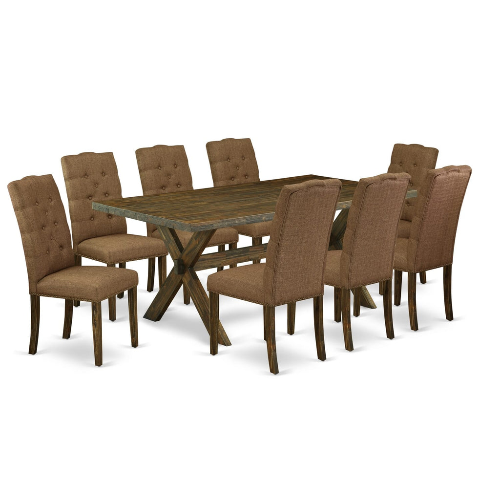 East West Furniture X777EL718-9 9-Pc Rectangular Dinette Set a beautiful Distressed Jacobean Small Table top and 8 Wonderful Upholstered Dining chairs with Nail Heads and Button Tufted, Distressed Jacobean Finish