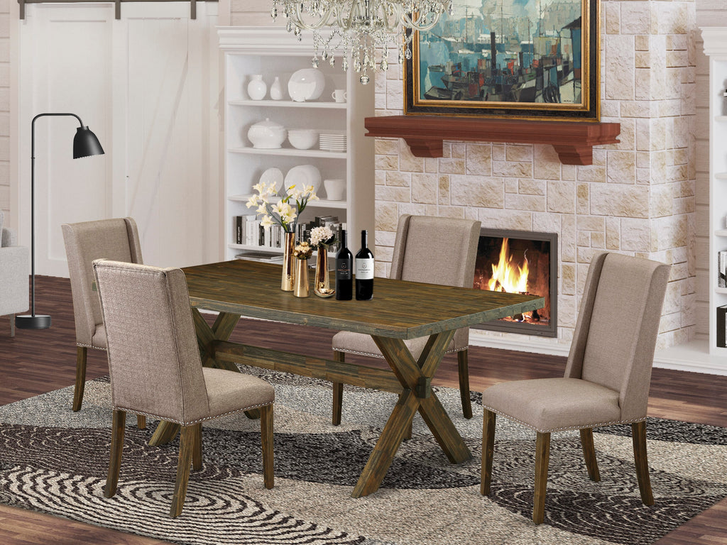 East West Furniture X777FL716-5 5-Piece Rectangular Dining Table SetIncluded 4 Parson Chair Upholstered Nails Head Seat and Stylish Chair Back and rectangular Dining Table with Distressed Jacobean Dinette Table top (Distressed Jacobean Finish)