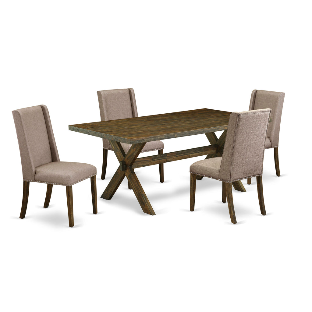 East West Furniture X777FL716-5 5-Piece Rectangular Dining Table SetIncluded 4 Parson Chair Upholstered Nails Head Seat and Stylish Chair Back and rectangular Dining Table with Distressed Jacobean Dinette Table top (Distressed Jacobean Finish)