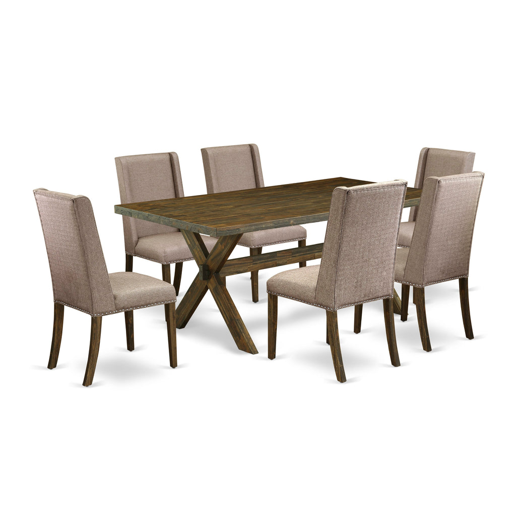 East West Furniture X777FL716-7 7-Pc a wonderful Distressed Jacobean modern dining table top and 6 Beautiful parson chairs with Nail heads and High Stylish Chair Back, Distressed Jacobean Finish