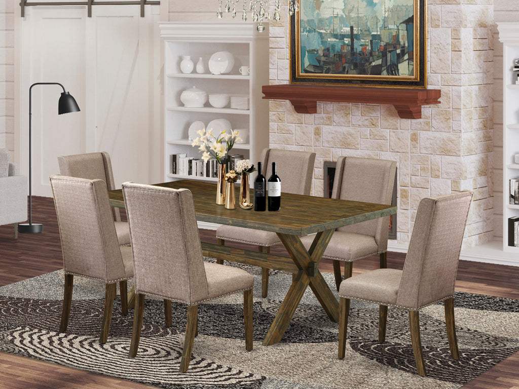 East West Furniture X777FL716-7 7-Pc a wonderful Distressed Jacobean modern dining table top and 6 Beautiful parson chairs with Nail heads and High Stylish Chair Back, Distressed Jacobean Finish