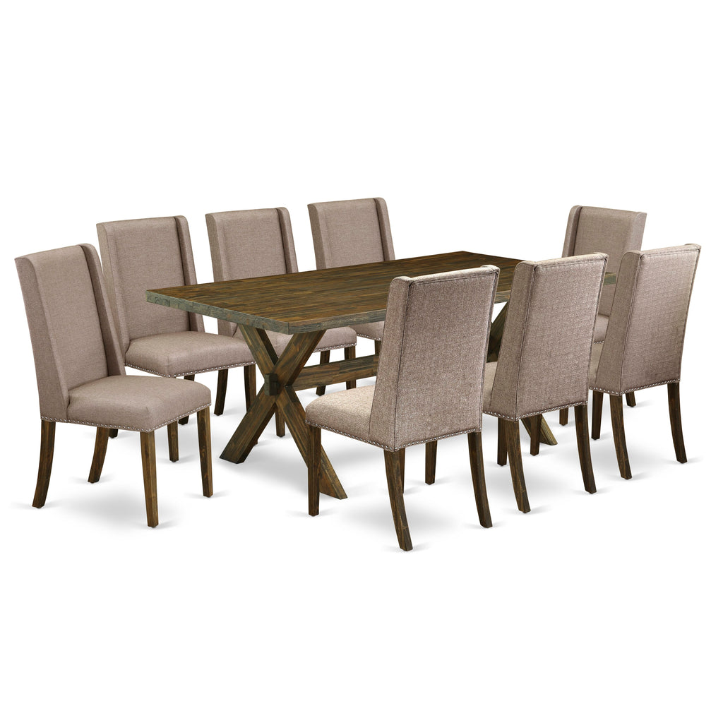 East West Furniture X777FL716-9 9-Piece kitchen table set a Beautiful Distressed Jacobean Small Dining Table top and 8 Wonderful Kitchen Parson Chair with Nail Heads and Curved Back, Distressed Jacobean Finish