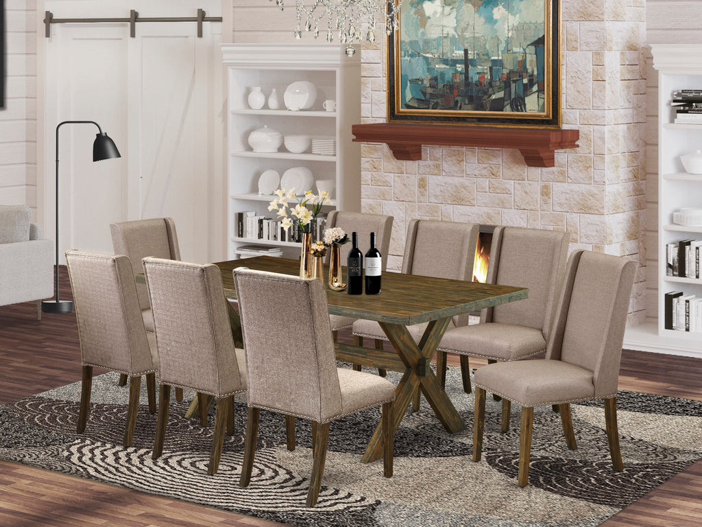 East West Furniture X777FL716-9 9-Piece kitchen table set a Beautiful Distressed Jacobean Small Dining Table top and 8 Wonderful Kitchen Parson Chair with Nail Heads and Curved Back, Distressed Jacobean Finish