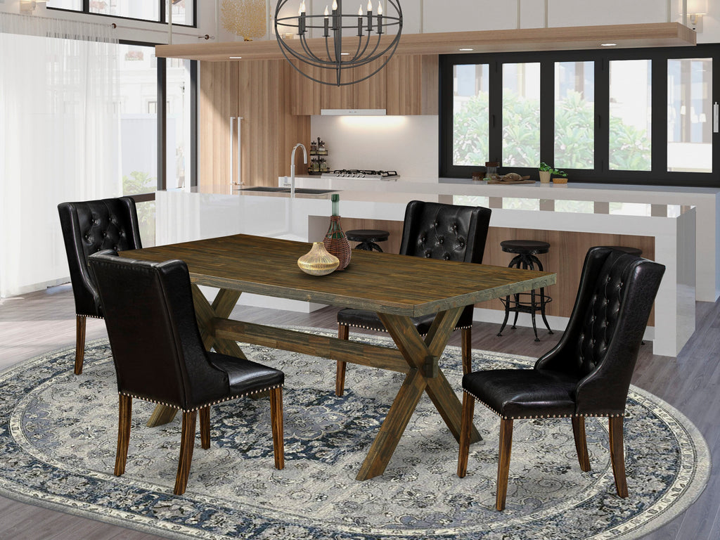 East West Furniture X777FO749-5 5 Piece Dining Table Set - 4 Black Pu faux Leather Dining Chairs Button Tufted with Nail heads and Wooden Dining Table - Distressed Jacobean Finish