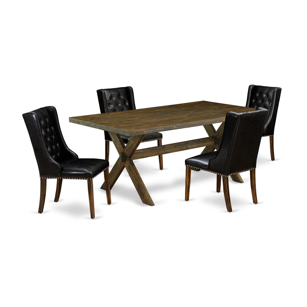 East West Furniture X777FO749-5 5 Piece Dining Table Set - 4 Black Pu faux Leather Dining Chairs Button Tufted with Nail heads and Wooden Dining Table - Distressed Jacobean Finish