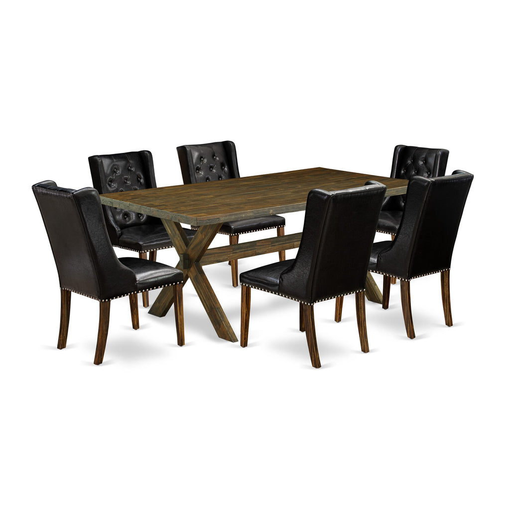 East West Furniture X777FO749-7 7 Piece Dining Room Set - 6 Black Pu faux Leather Upholstered Chair Button Tufted with Nailheads and Mid Century Dining Table - Distressed Jacobean Finish