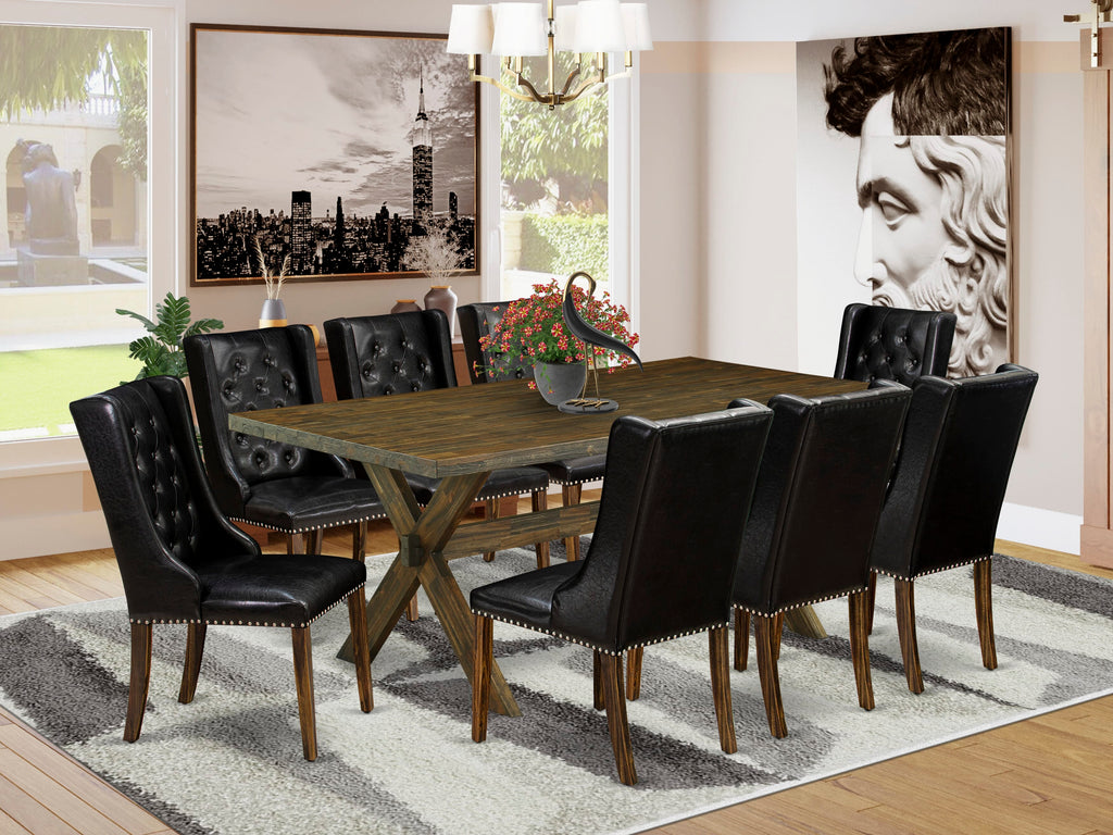 East West Furniture X777FO749-9 9-Piece Dinette Set - 8 Black Pu faux Leather Padded Chair Button Tufted with Nail heads and Rectangular Table - Distressed Jacobean Finish