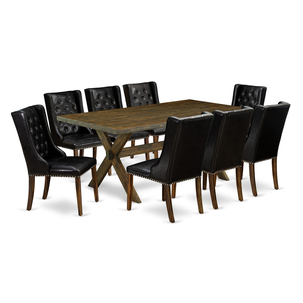 East West Furniture X777FO749-9 9-Piece Dinette Set - 8 Black Pu faux Leather Padded Chair Button Tufted with Nail heads and Rectangular Table - Distressed Jacobean Finish