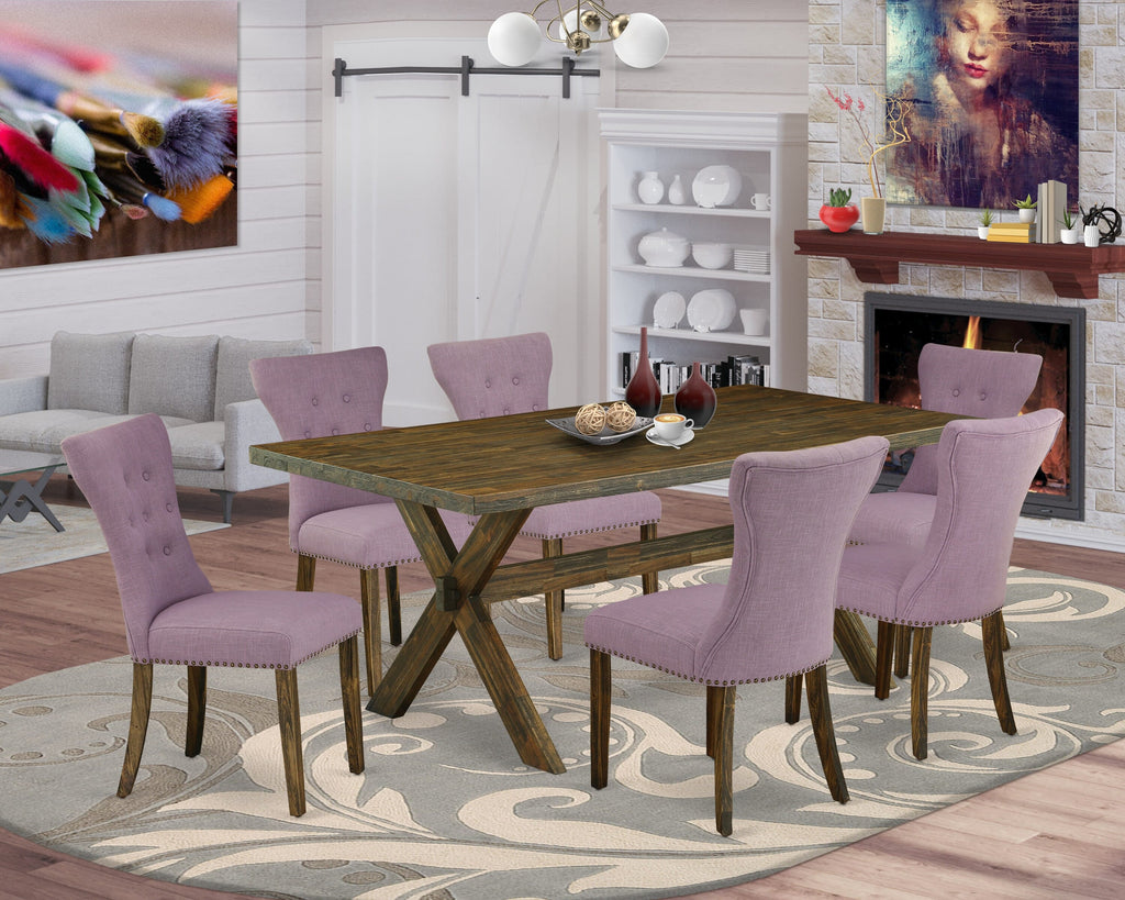 East West Furniture X777GA740-7 7-Piece Rectangular Dining Table Set an Excellent Distressed Jacobean Small Dining Table top and 6 Beautiful kitchen chairs with Nail Heads and Button Tufted, Distressed Jacobean Finish