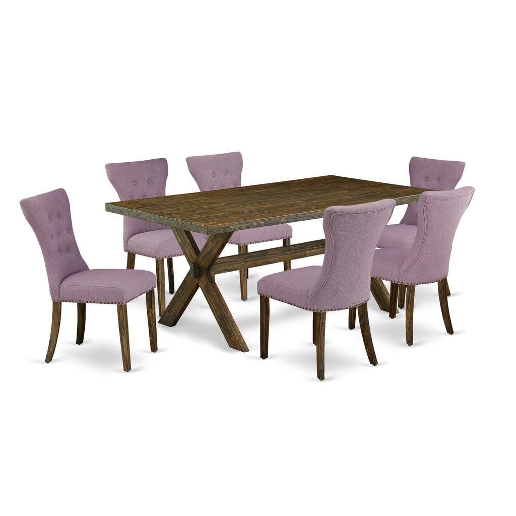 East West Furniture X777GA740-7 7-Piece Rectangular Dining Table Set an Excellent Distressed Jacobean Small Dining Table top and 6 Beautiful kitchen chairs with Nail Heads and Button Tufted, Distressed Jacobean Finish